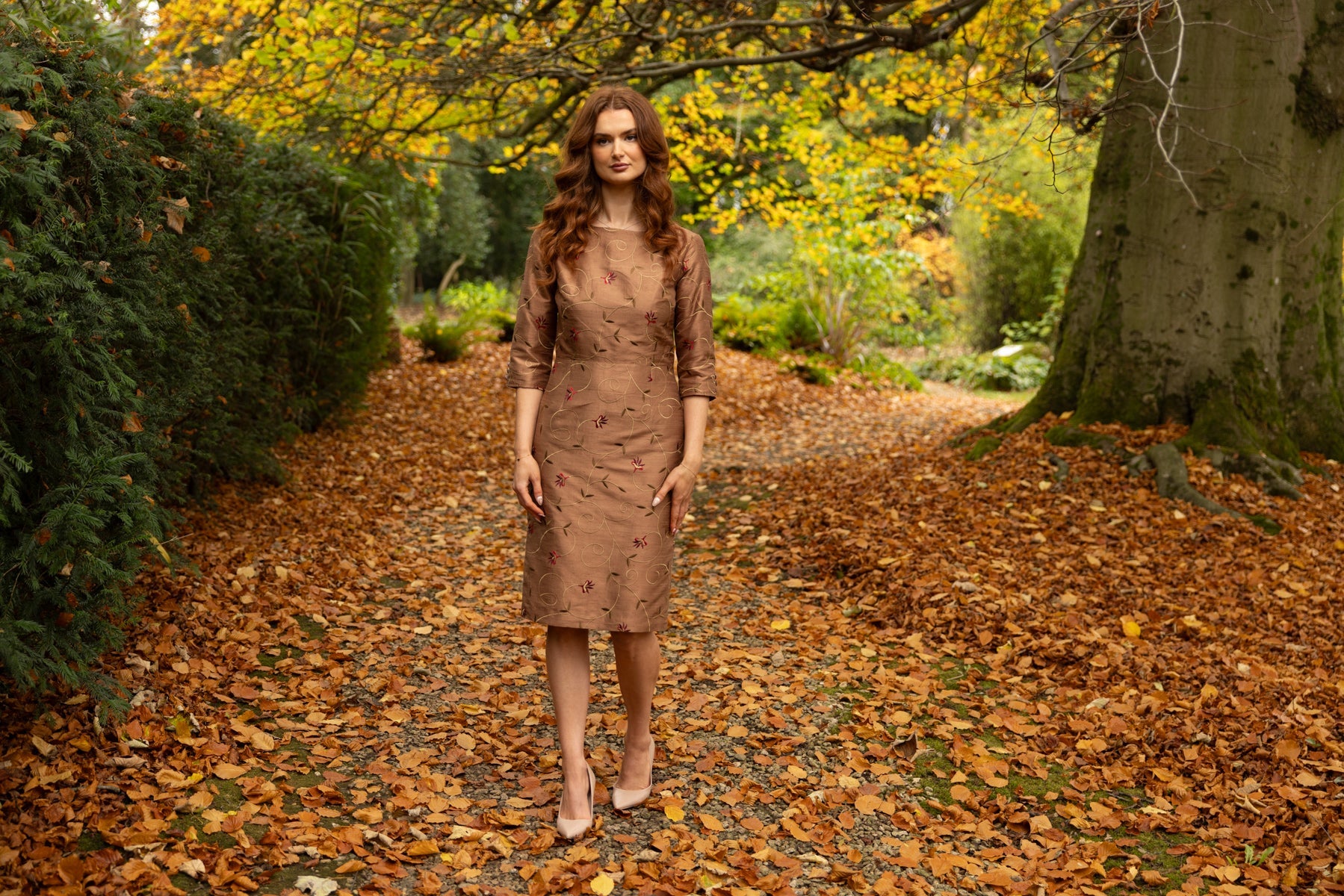 Brown silk shift dress with floral embroidery. Wedding guest dress. 