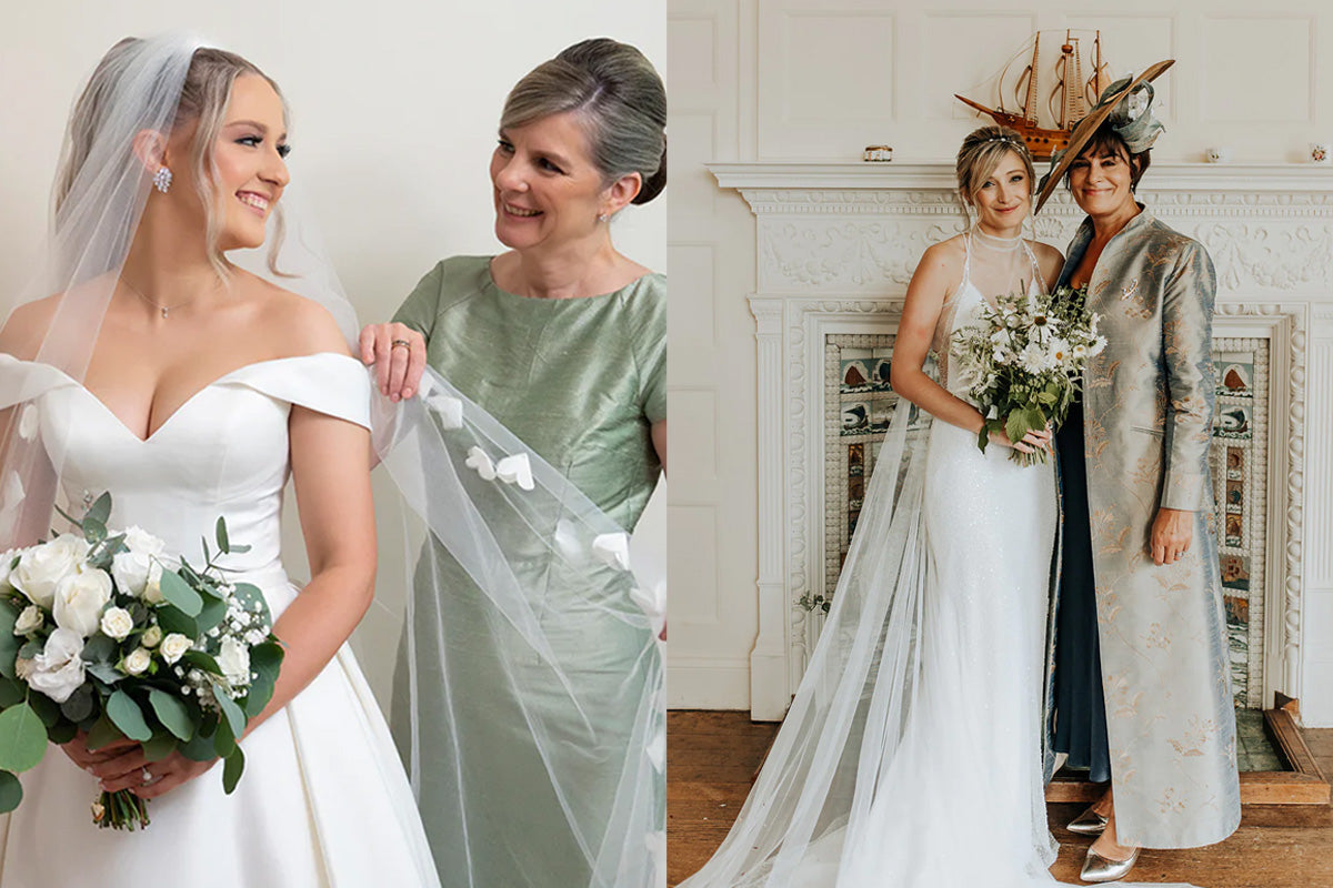 Mothers and daughters at wedding day. Mother helping a bride wearing mother of the bride outfit. 