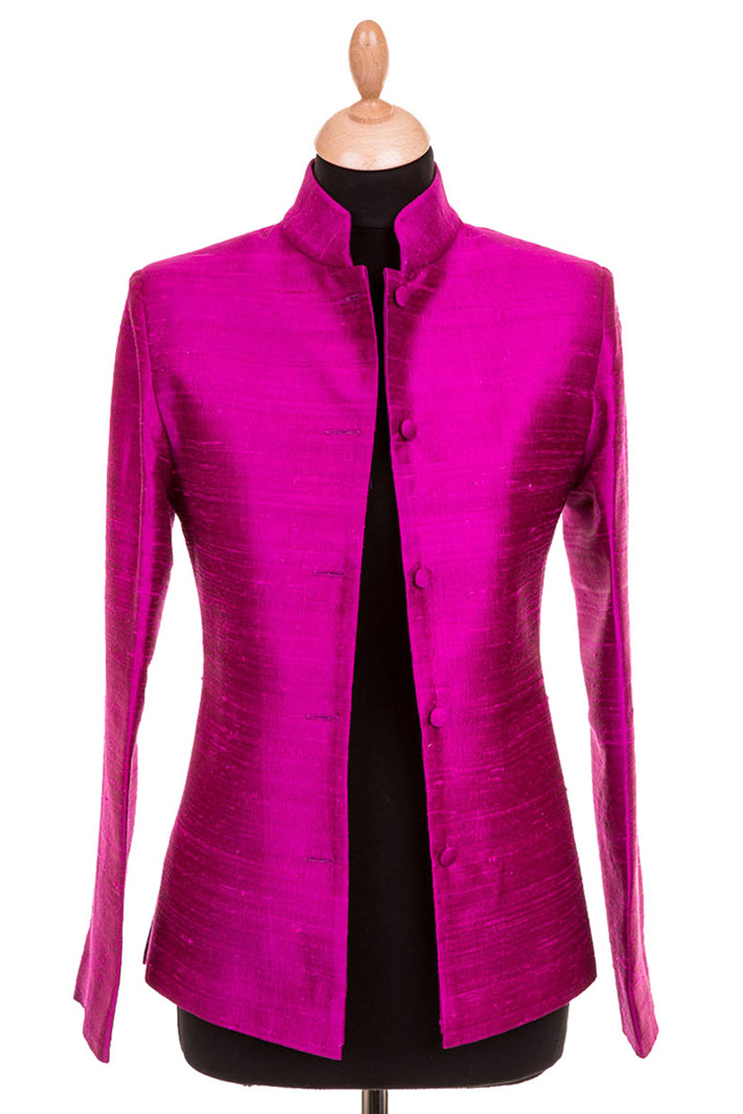 Bright pink ladies jacket with high collar and buttons. Design to be worn open. 