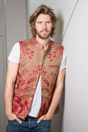 Men's nehru waistcoat with floral patter in brown and red.