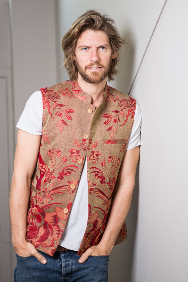 Men's nehru waistcoat with floral patter in brown and red.