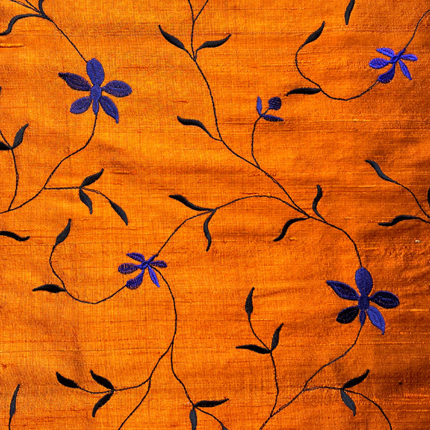 embroidered orange silk with blue flower pattern 