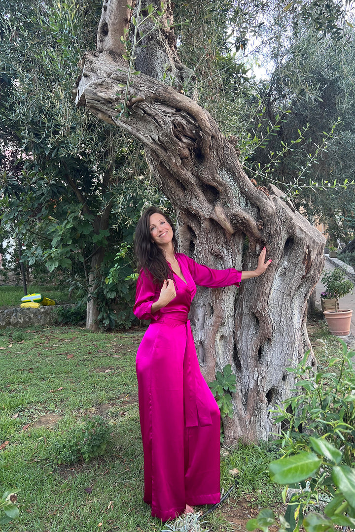 Pink long jumpsuit. Elegant silk jumpsuit for women. Belted playsuit for women. 