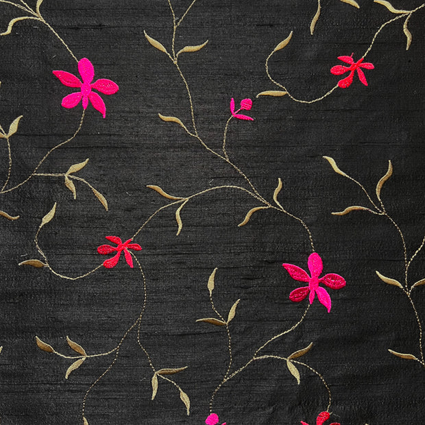 Black silk fabric with embroidered flowers. You can buy fabrics by metre. Black Zardozi.  