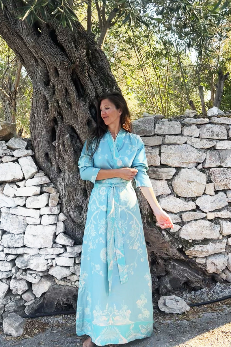 Floral kimono dress for women. Light blue dressing gown. 