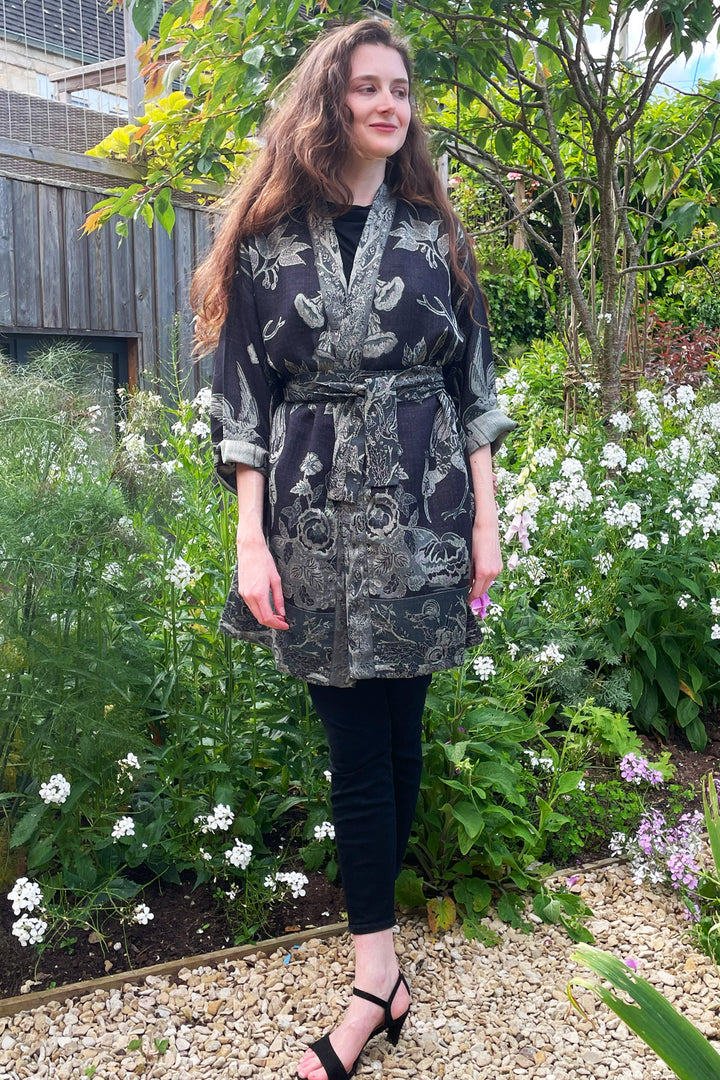 Handmade kimono jacket for women. Black with silver flowers and birds. Unique present.