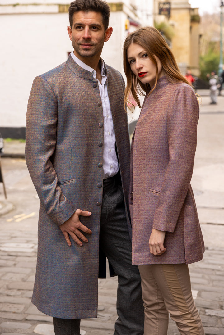 women's jacket in blush, men's coat in silver