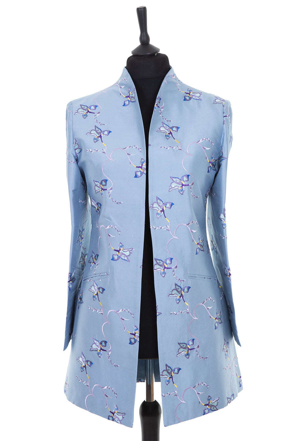 Silk blue open women's jacket. Long jacket with floral embroidery for weddings. 