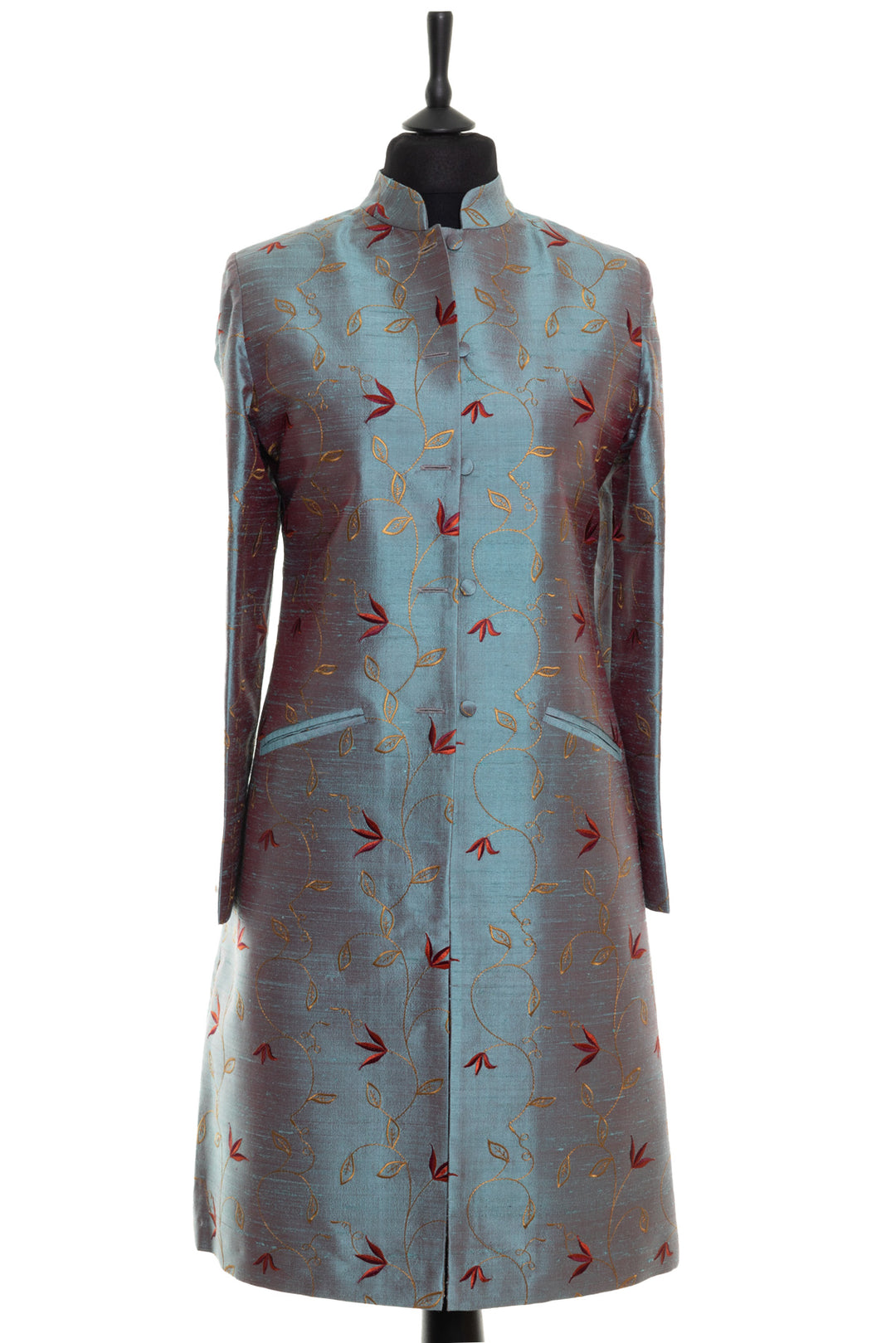 Silk blue nehru collar coat for women in smokey blue with flowers in red and yellow. 