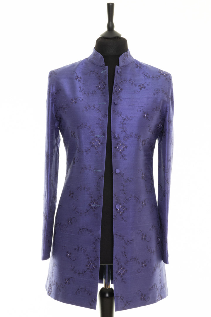 Longline jacket for women in periwinkle. It is handmade with floral embroidery. Over 60's jacket. 