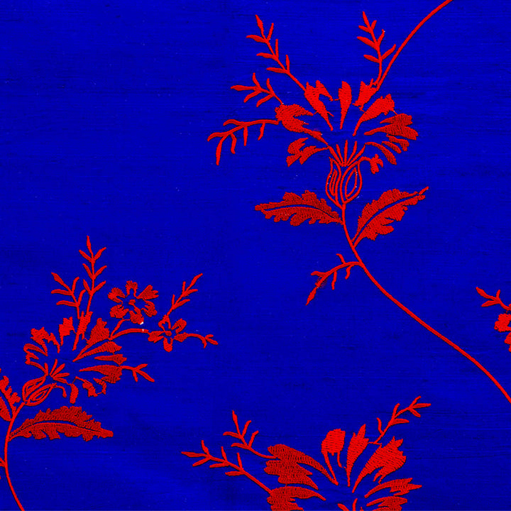 Blue silk fabric with big red flowers