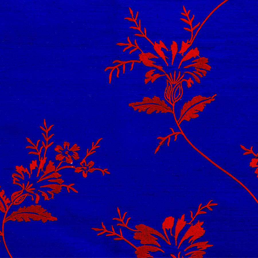 Silk fabric in blue cobalt with red flowers. 