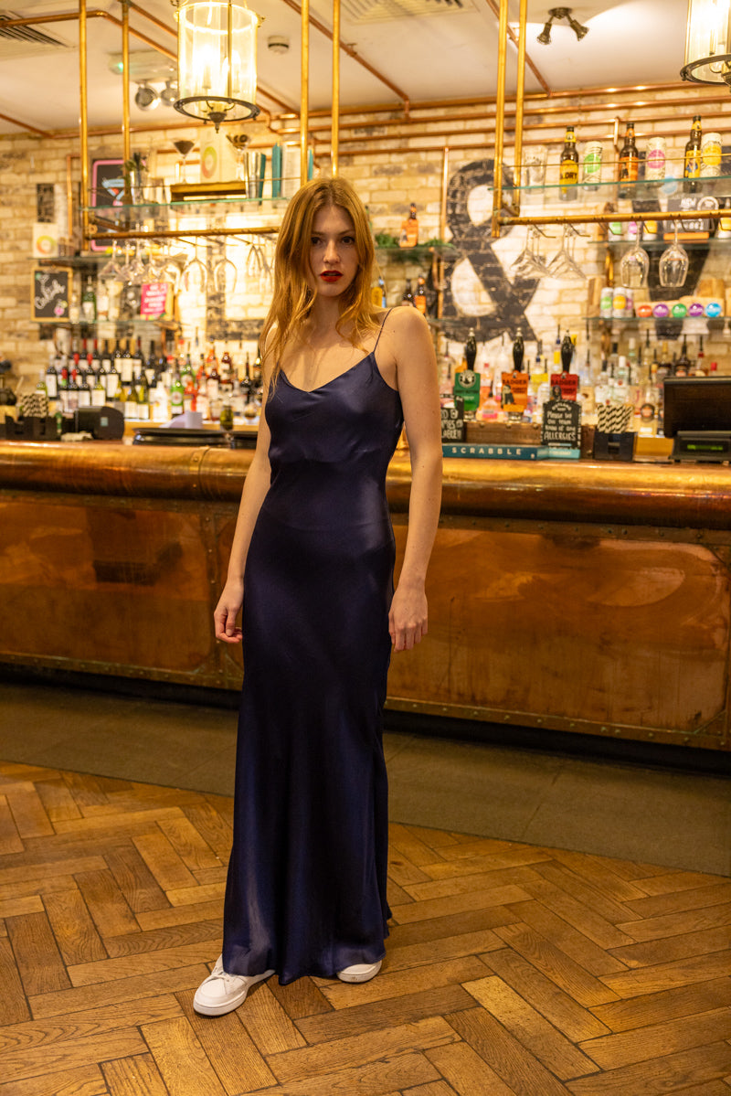 navy blue luxury silk evening dress 