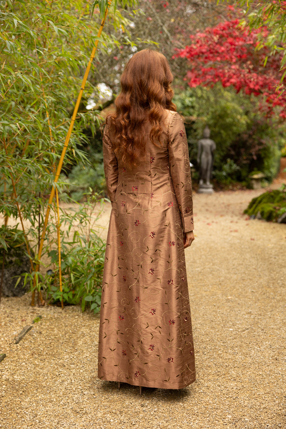 Full length coat in brown for women. Silk embroidered coat ideal for weddings. 