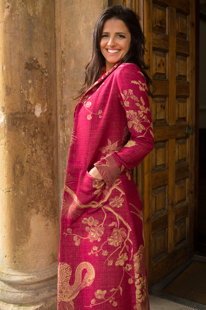 long cashmere wedding guest coat in red with golden flowers