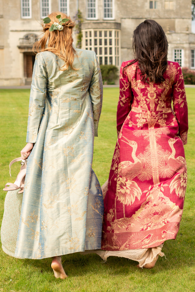 maxi coat in deep red with tree of life pattern 