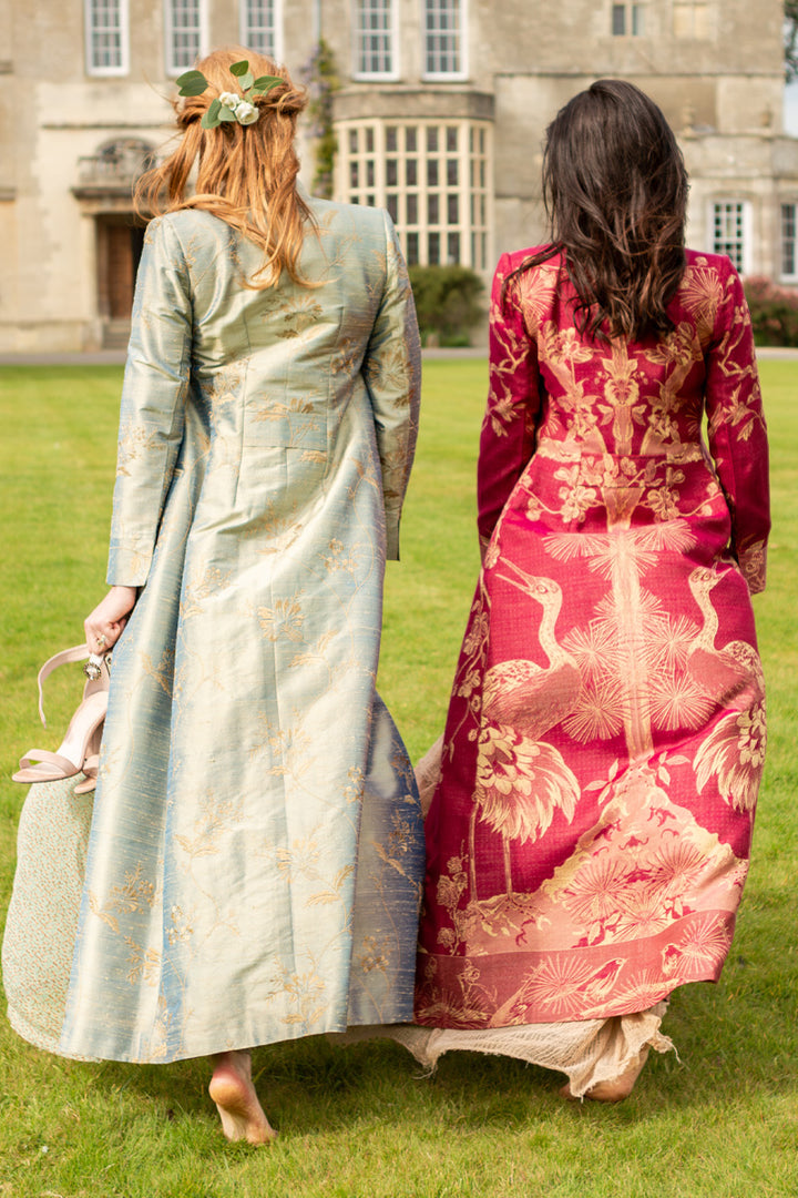 maxi coat in deep red with tree of life pattern 