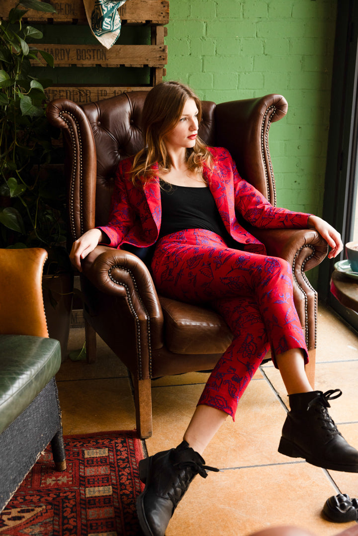 red silk jacket with blue embroidered flowers. trouser suits for weddings