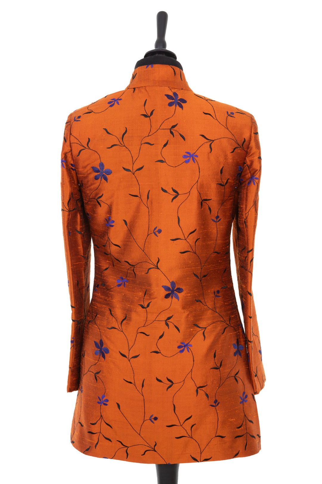 Womens longline nehru jacket in a burnt orange raw silk with beautiful violet floral embroidery