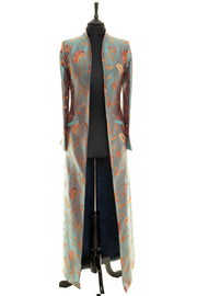 Teal coloured long coat for women. Floral pattern silk coat. 