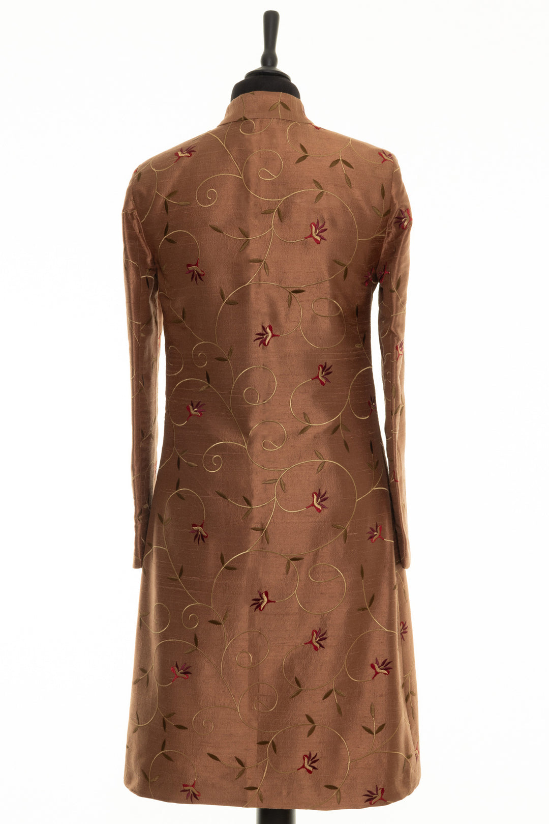 Women's coat that is handmade and can be altered to any size. It is made from brown silk fabric with soft embroidery. 