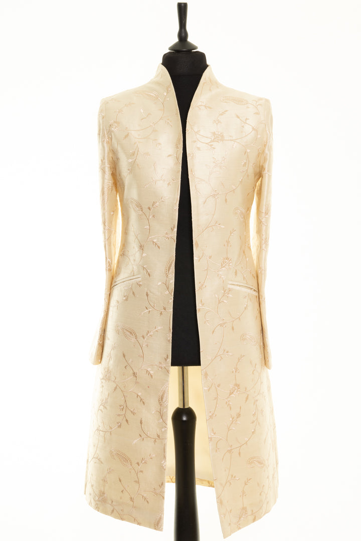 Elegant bridal coat for mature brides. Ivory open coat with same colour floral embroidery. 