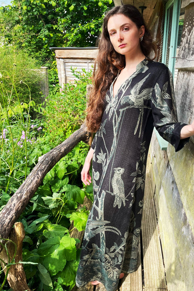 Women's kaftan in ebony. Long cashmere kaftan with flowers and birds. Luxury loungewear.