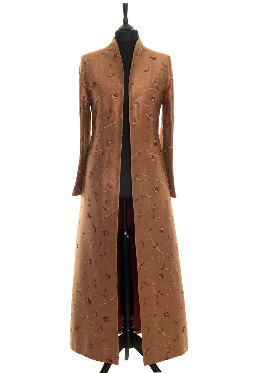 Full length embroidered silk coat with flowers. Maxi brown ladies coat that creates perfect shape on plus size. 