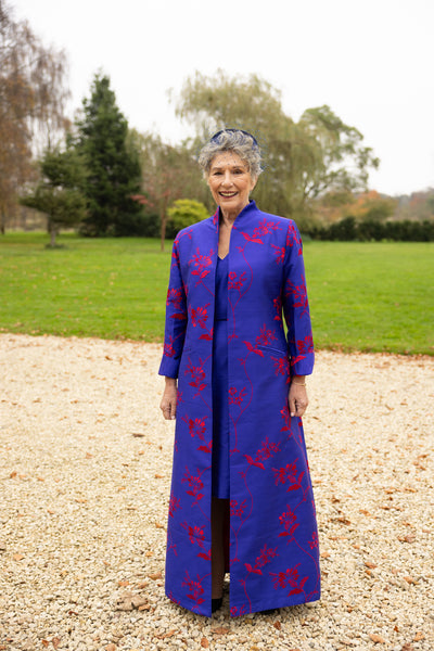 Long blue silk coat with ref floral pattern. Mother of the bride or groom long coat
