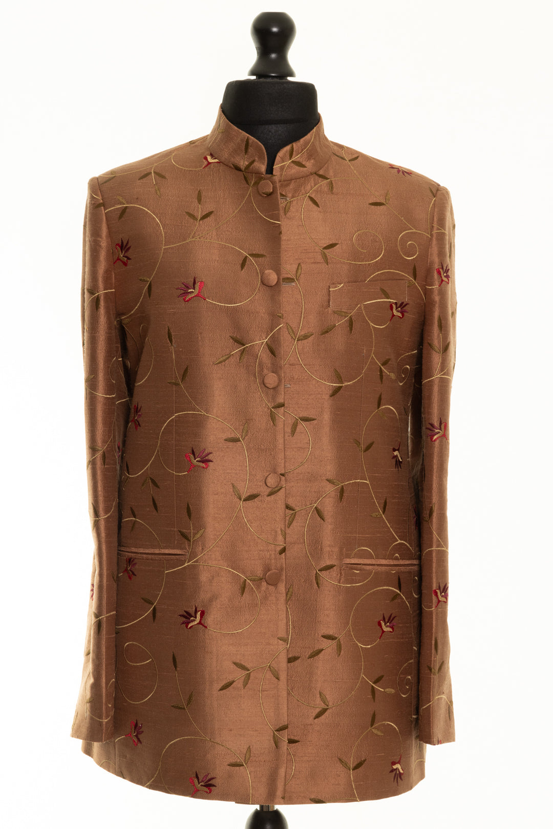 Handmade silk men's jacket with Nehru collar and intricate embroidery, perfect for weddings. Brown silk jacket with golden and red florals. 