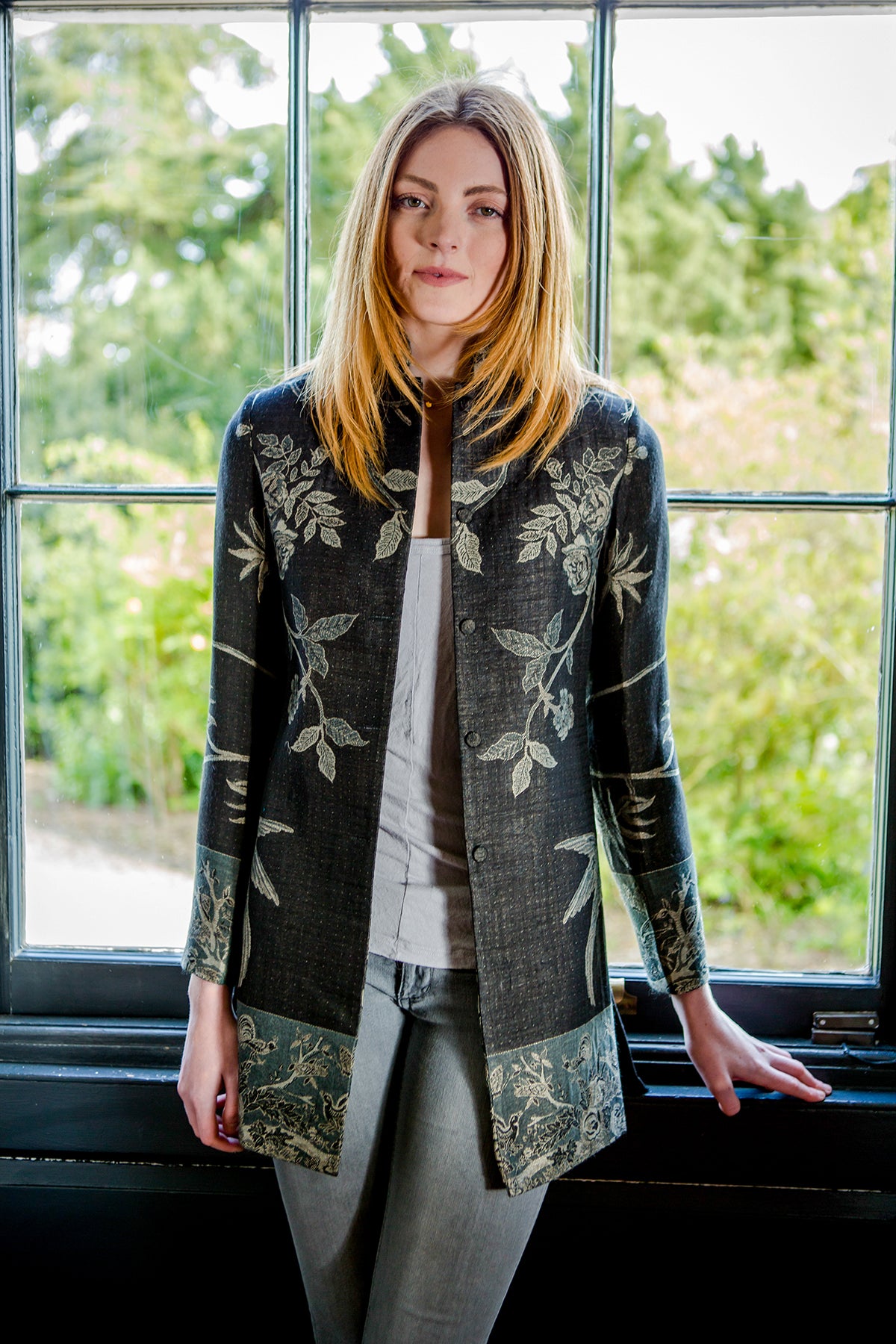 Long Nehru Jacket in Ebony Black Floral Jacket for Women Shibumi