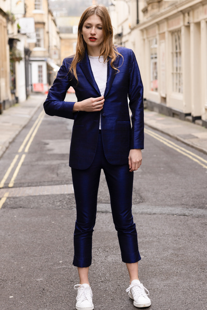 shibumi navy blue ladies blazer with matching straight leg trousers 