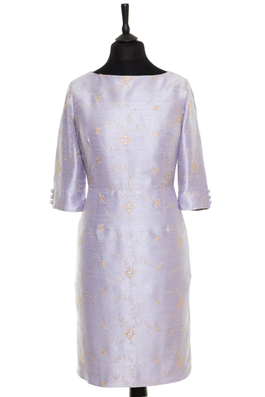 Bateau neck lilac dress for mother of the bride. Elegant silk shift dress with long sleeves. 