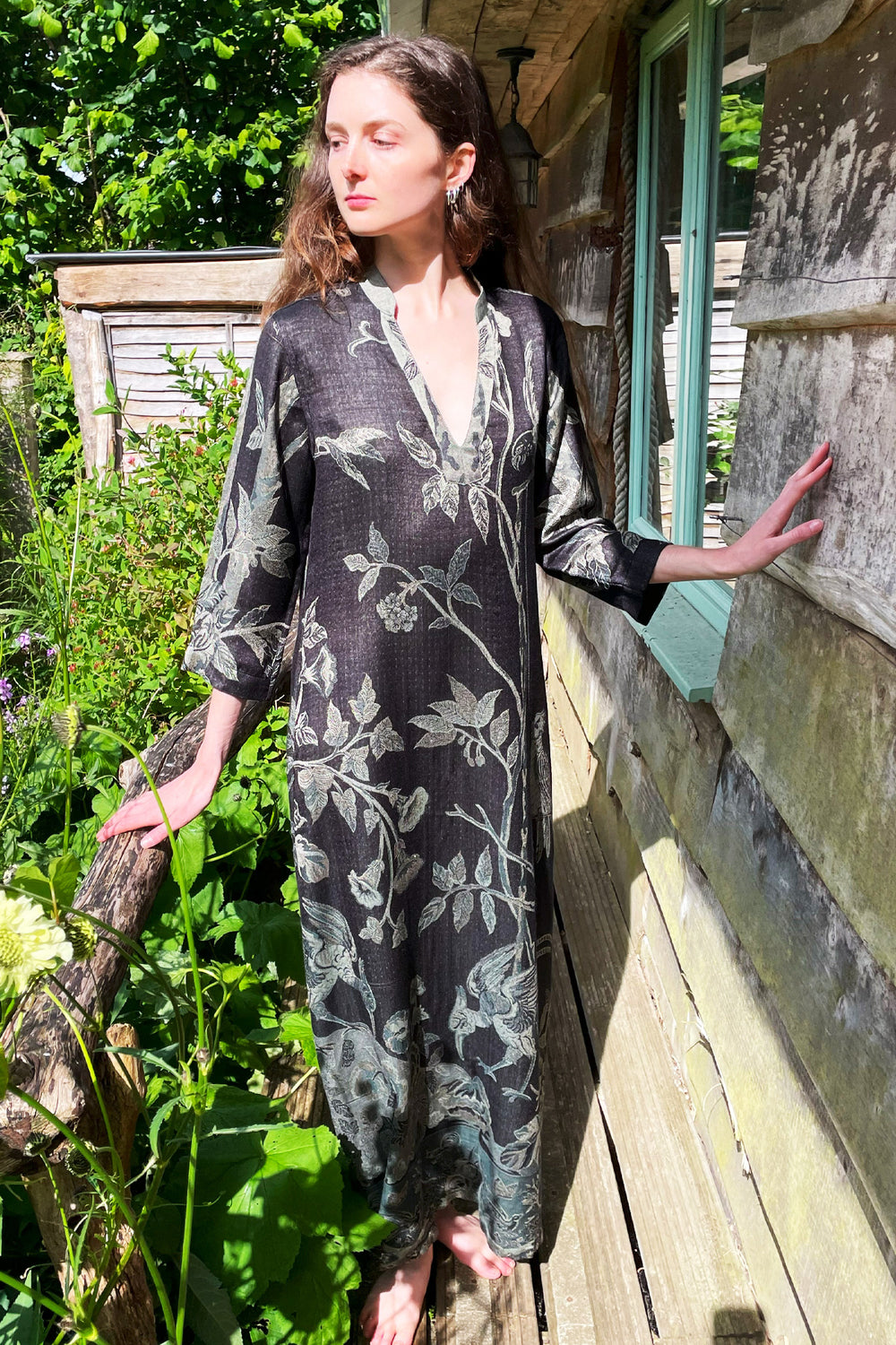 Black kaftan with floral pattern. Unique gift for women. Plus size outfit.