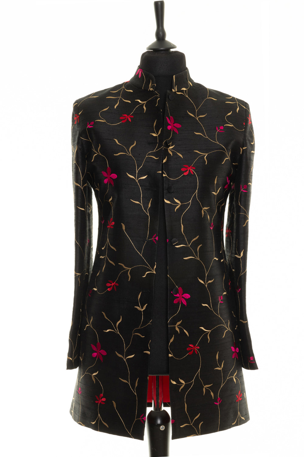 Long nehru collar jacket in black with pink flowers and golden embroidery. 