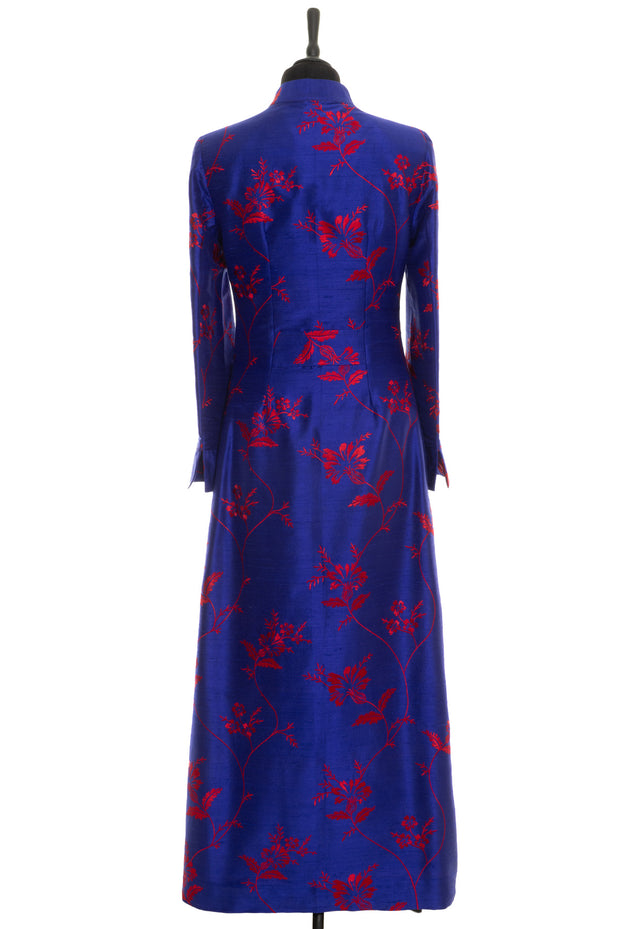 Opera coat in blue with red flowers. Silk embroidered long women's coat. 