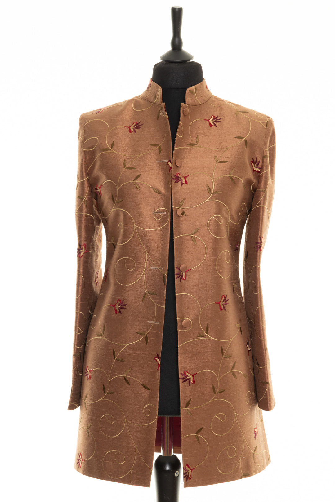 Mandarin collar jacket for women. Nehru jacket in Raphaelite Brown. This brown silk jacket has soft embroidery in red, yellow and green. 