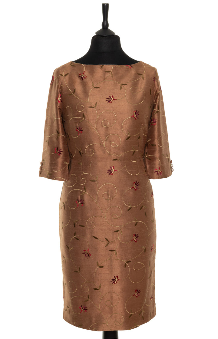 Bateau neck shift dress in brown silk. Women's dress for over 6's. 