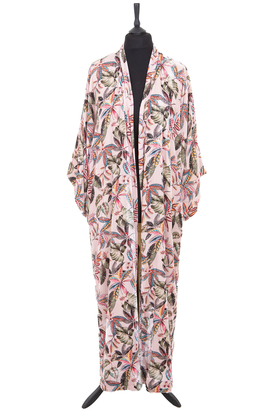 A luxurious pale pink silk velvet dressing gown designed with a beautiful striking botanical pattern embodying many different colours