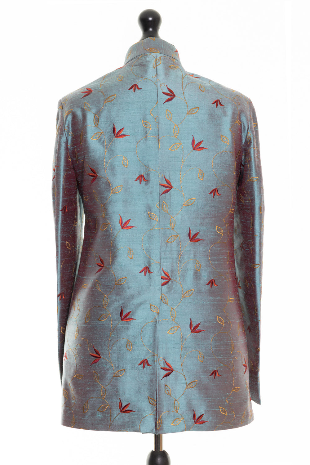 Luxury embroidered silk men's jacket with Nehru collar for weddings and formal occasions. This would make a great groom's jacket. Silk is smokey blue colour with soft floral pattern in red and yello. 