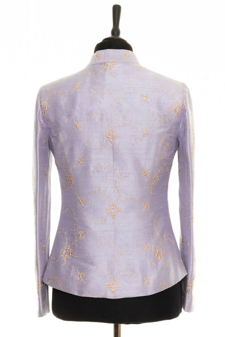 Short silk women's jacket. Handmade lilac jacket designed to be worn open. It has golden floral pattern. 