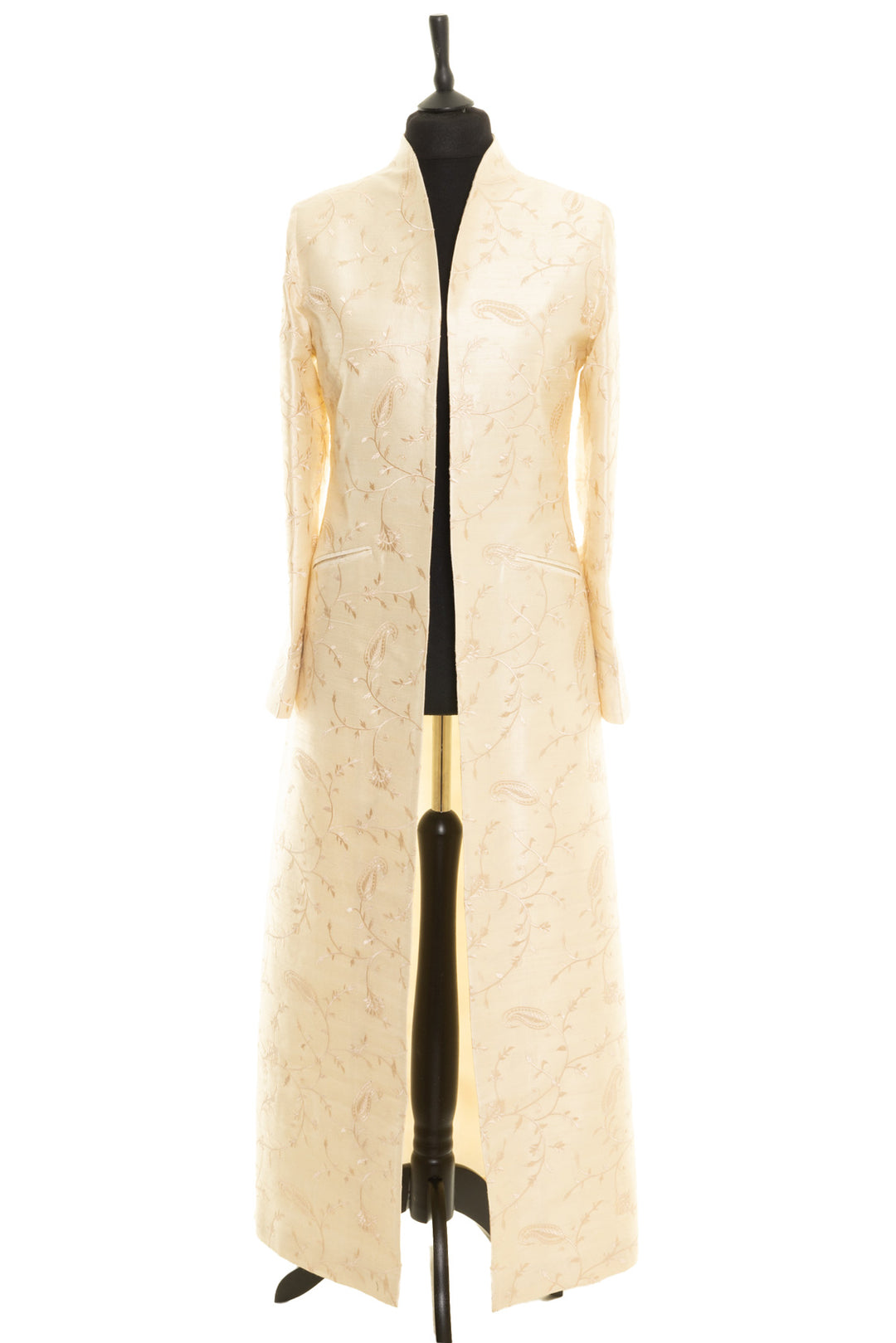 Elegant long silk ivory coat perfect for brides on their wedding day. This is a full length coat handmade from embroidered silk in cream colour. 