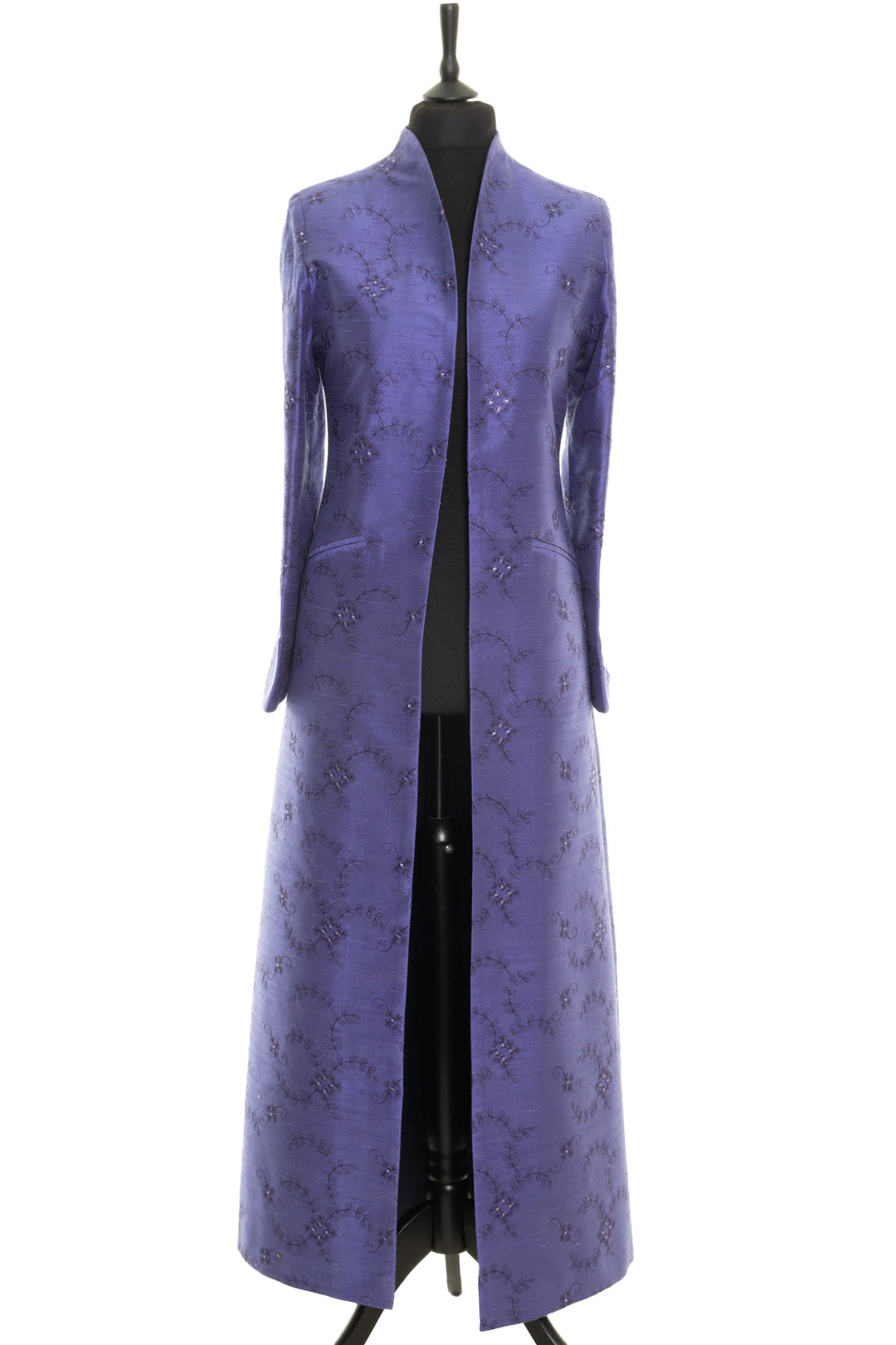 Gorgeous long silk embroidered opera coat for luxury evening wear or wedding guest coat. Periwinkle coat with floral embroidery. 