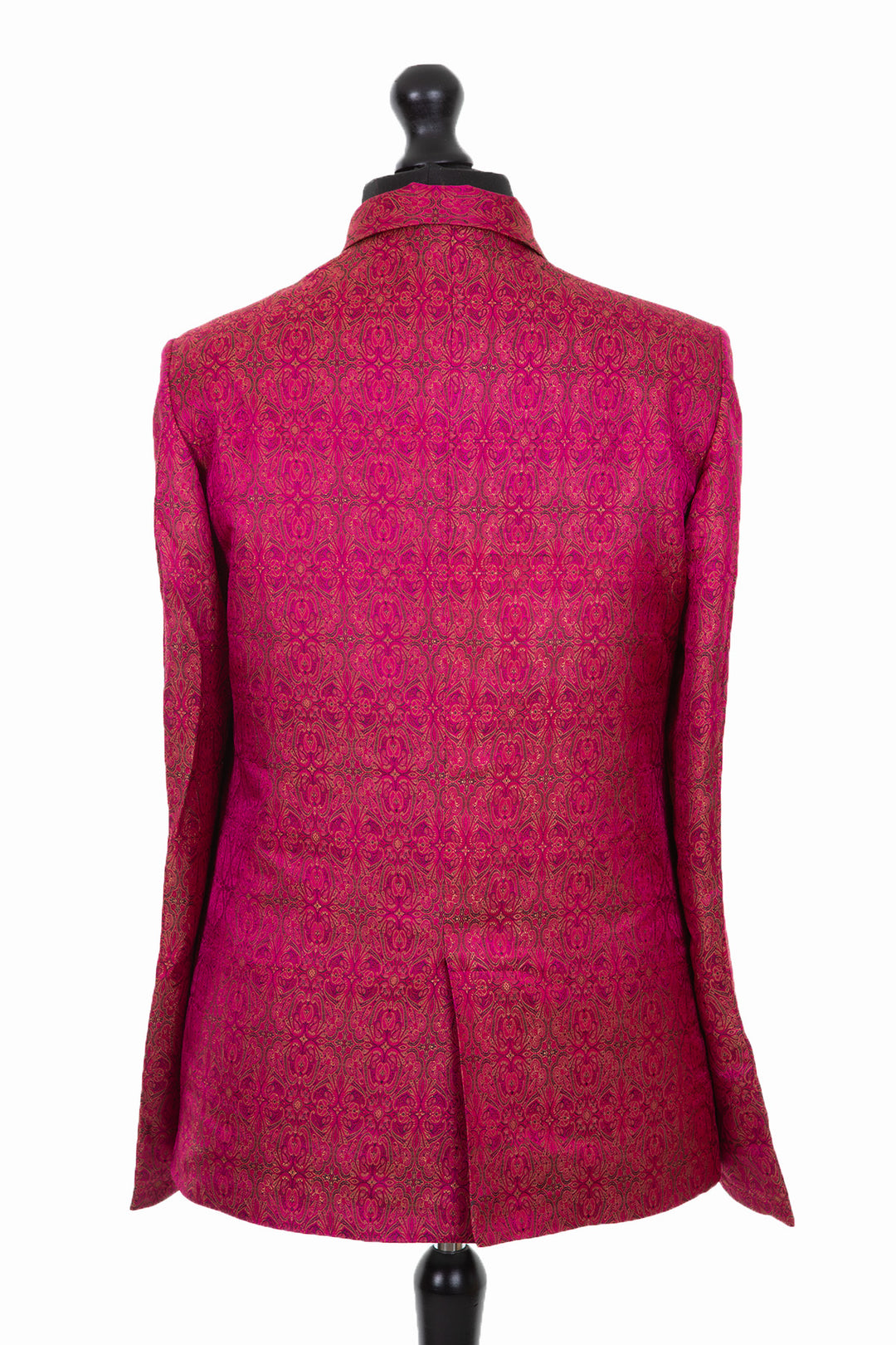 Mens classic blazer jacket with a revere collar in a deep pink jacquard embroidered silk with gold, aubergine and black details