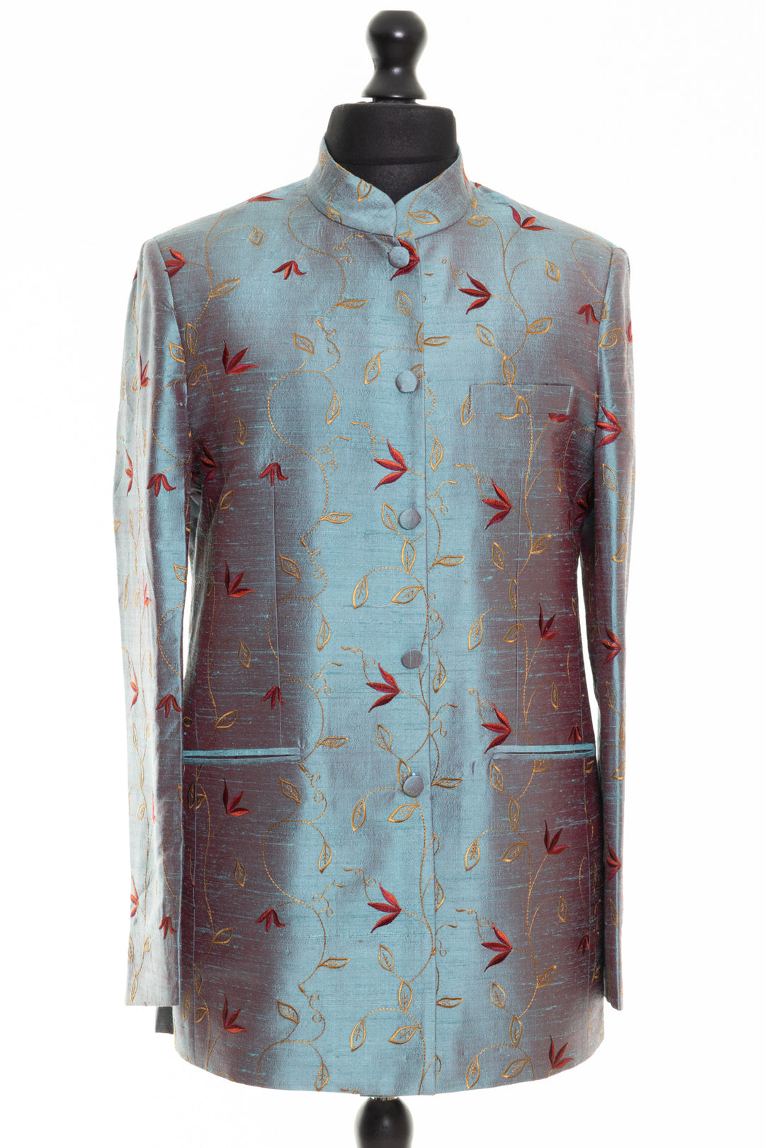 Elegant embroidered Nehru collar silk jacket for men, perfect for weddings and groom attire. This is a new shibumi fabric called Paris - smokey blue silk with red and yellow embroidery. 