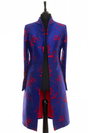 Silk blue and red knee length coat with flowers. 
