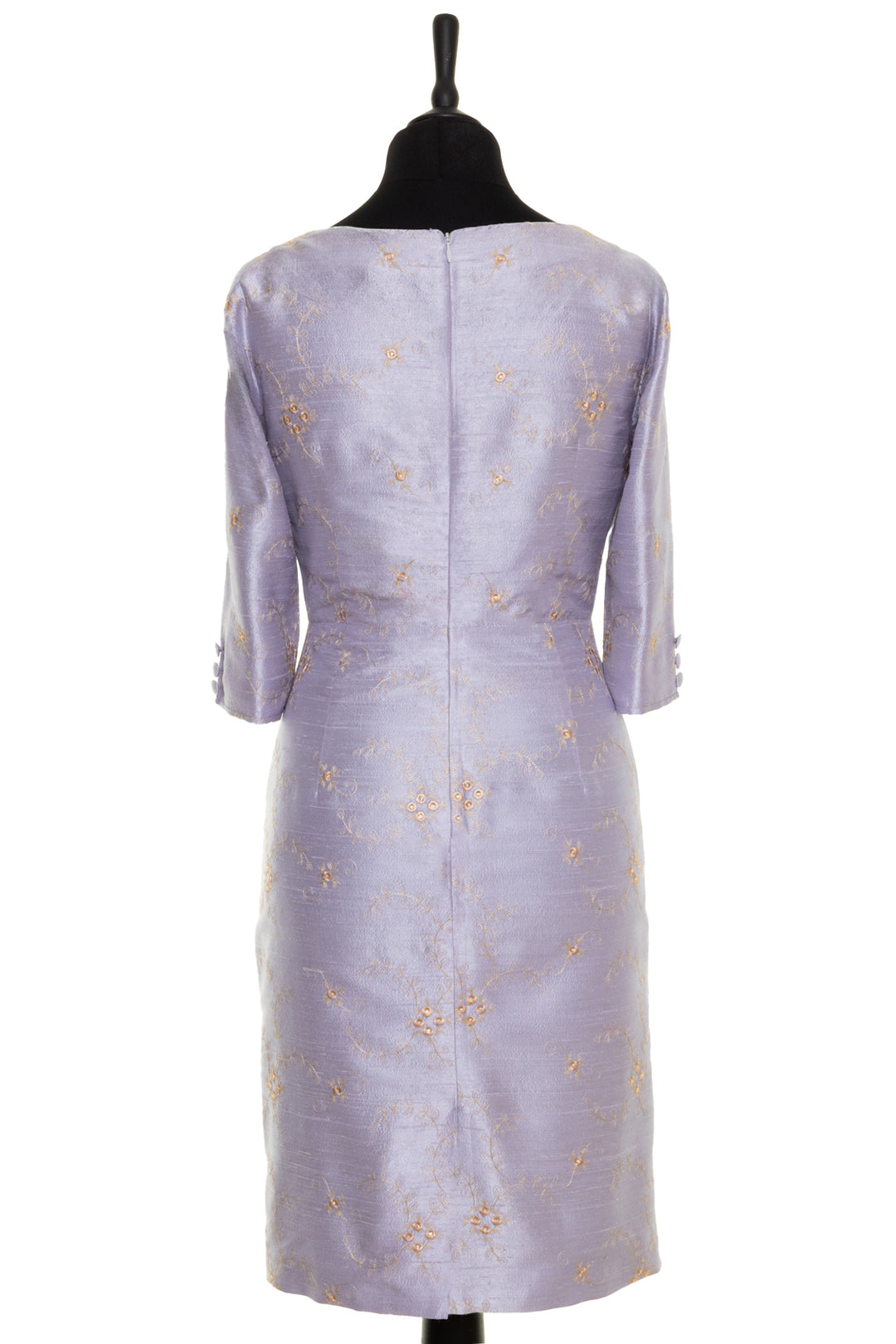 Lilac embroidered dress for mature ladies. Knee length silk dress with ivory floral pattern. 