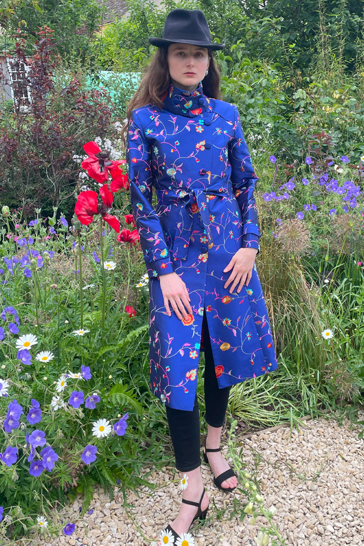 Elegant blue trench coat with floral pattern. Belted silk coat for women. 