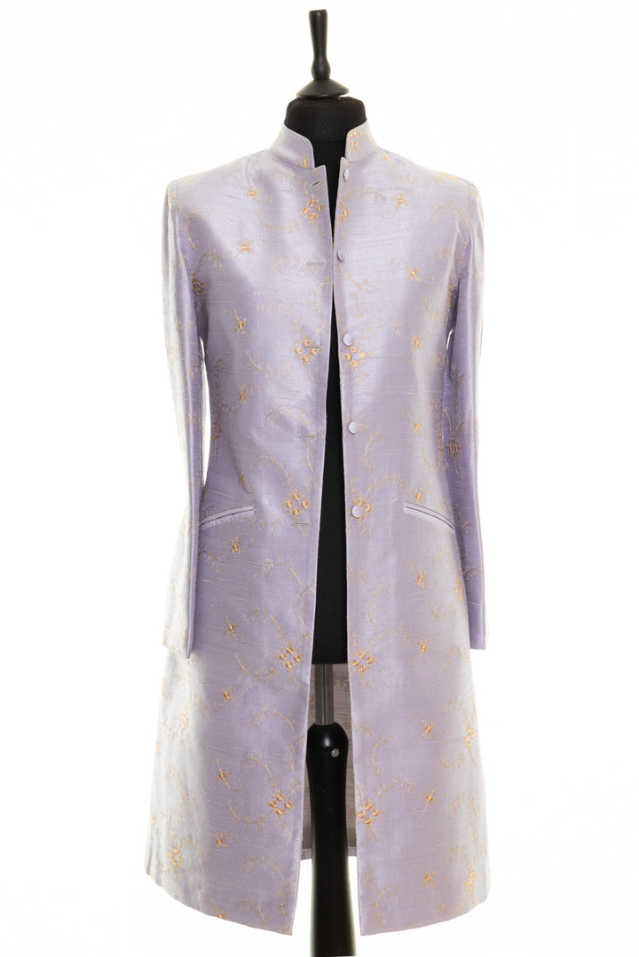 Embroidered silk Mandarin-style coat for women, perfect for weddings and special celebrations. This nehru coat is in lilac and it would make a great mother of the bride lilac outfit. 