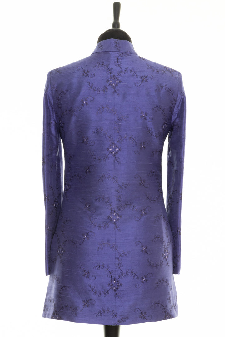 Elegant long women's jacket in periwinkle with floral pattern. Wedding guest periwinkle jacket. 